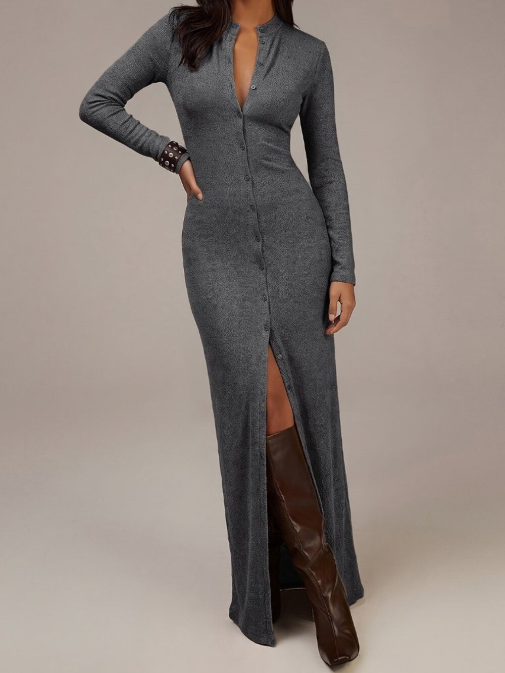 Dark Grey Casual Women's Rib-Knit Split Thigh Button Front Long Dress